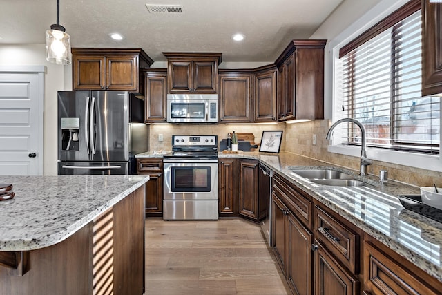 4006 Phoenix Ln, Pasco, WA 99301 - kitchen with a sink, appliances with stainless steel finishes, light wood-type flooring, visible vents, and decorative backsplash