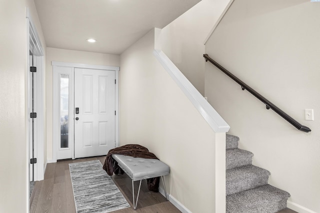 4006 Phoenix Ln, Pasco, WA 99301 - entryway featuring baseboards, stairs, wood finished floors, and recessed lighting