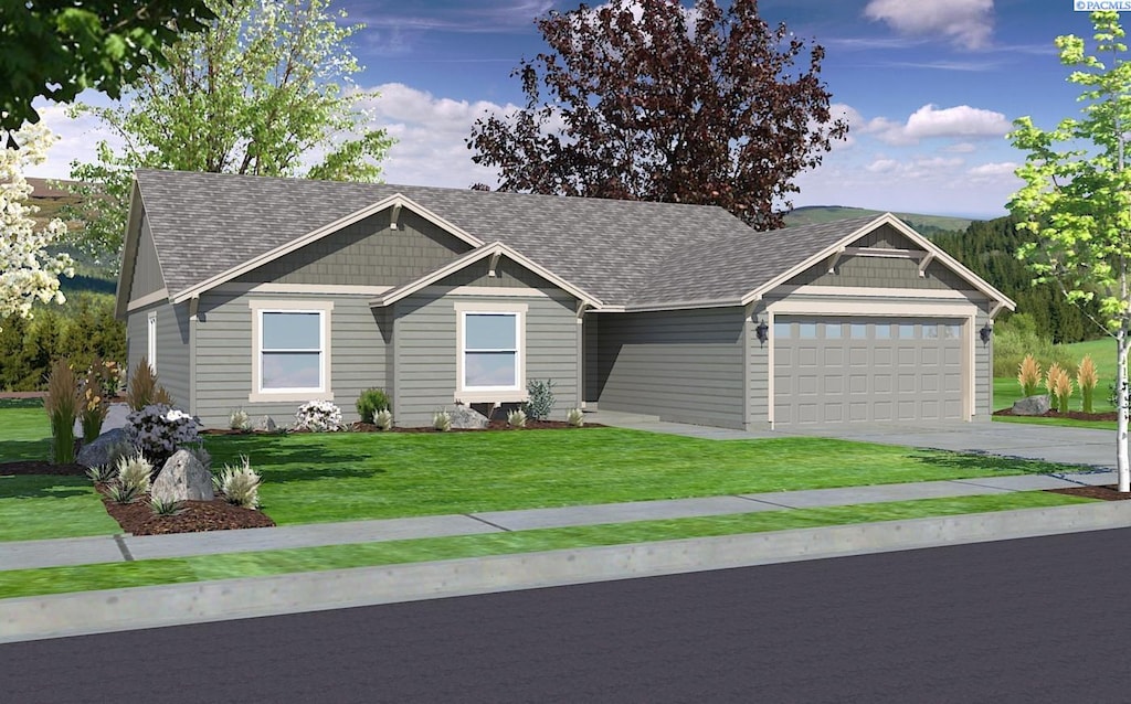 view of front of house with a garage, a shingled roof, concrete driveway, and a front yard