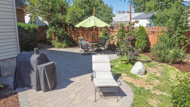 420 SE Dexter St, Pullman, WA 99163 - view of patio / terrace with a fenced backyard, outdoor dining space, and area for grilling