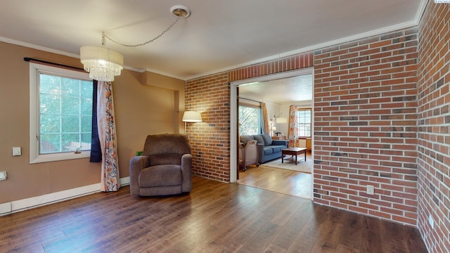 420 SE Dexter St, Pullman, WA 99163 - living area with brick wall, wood-type flooring, baseboards, and ornamental molding