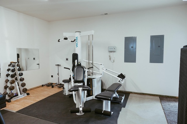 workout room with wood-type flooring and electric panel