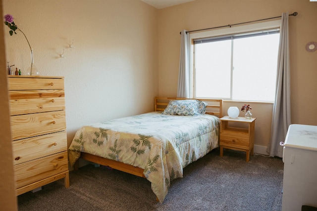 bedroom with dark colored carpet