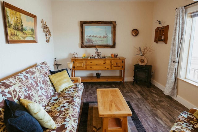 living room featuring a wood stove and dark hardwood / wood-style flooring