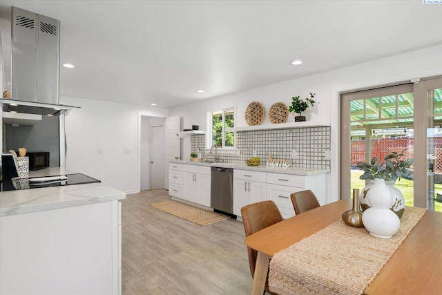 2115 W 8th Pl, Kennewick, WA 99336 - kitchen featuring dishwasher, open shelves, tasteful backsplash, white cabinets, and light wood-style floors