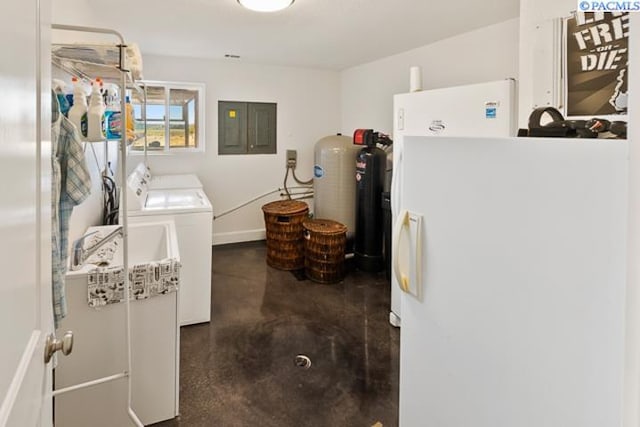 clothes washing area with electric panel and washer and dryer