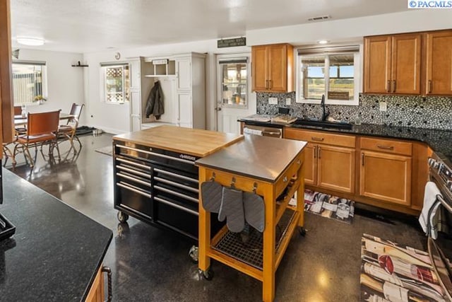 kitchen with sink, decorative backsplash, and stainless steel range