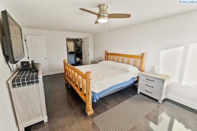 bedroom with radiator heating unit and ceiling fan