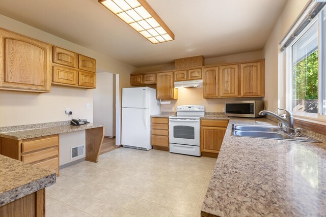 2020 Newcomer Ave, Richland, WA 99354 - kitchen featuring white appliances, under cabinet range hood, and light countertops