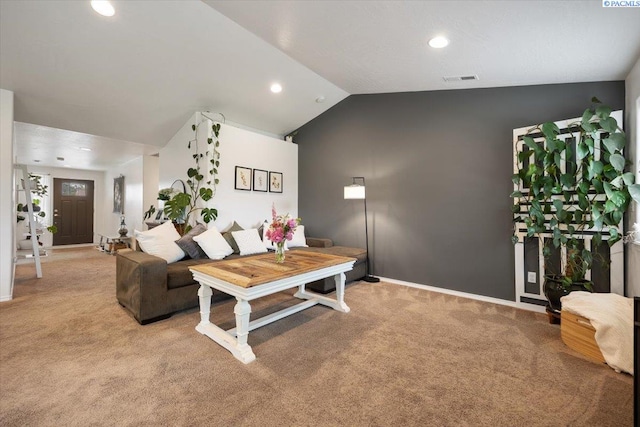 2909 S Jean St, Kennewick, WA 99336 - living room featuring light carpet, vaulted ceiling, and recessed lighting