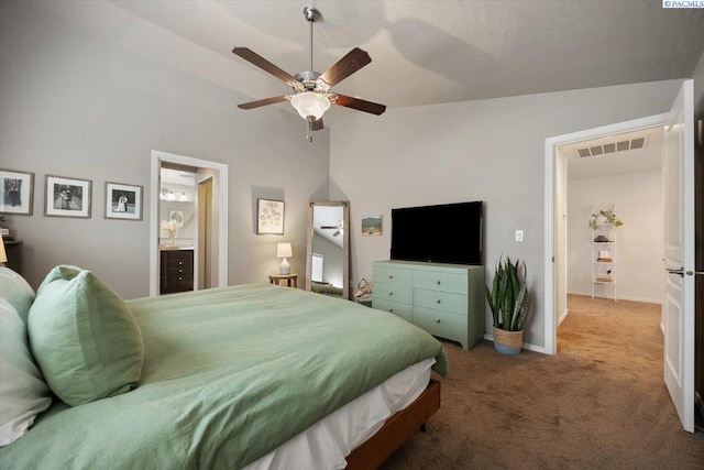 2909 S Jean St, Kennewick, WA 99336 - bedroom with carpet floors, vaulted ceiling, ceiling fan, and ensuite bathroom