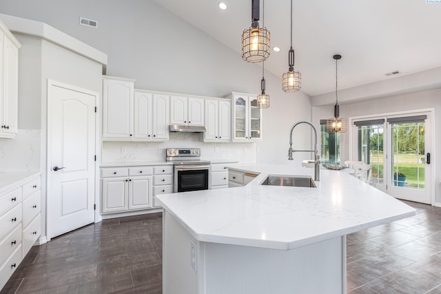 kitchen featuring electric range, a sink, under cabinet range hood, visible vents, and a center island with sink