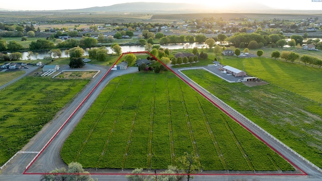 drone / aerial view with a water view and a rural view