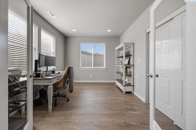 234 Ladera St, Prosser, WA 99350 - home office featuring recessed lighting, wood finished floors, visible vents, and baseboards