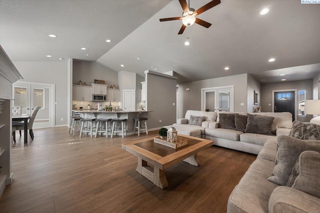 234 Ladera St, Prosser, WA 99350 - living room featuring ceiling fan, french doors, dark wood-type flooring, and recessed lighting
