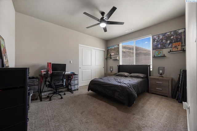 234 Ladera St, Prosser, WA 99350 - bedroom featuring ceiling fan, a textured ceiling, visible vents, a closet, and carpet
