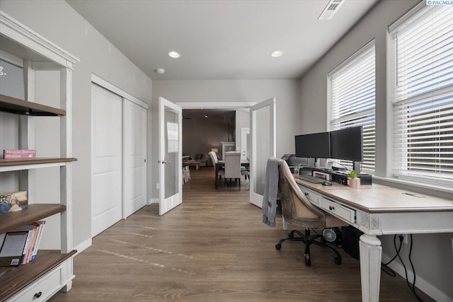 234 Ladera St, Prosser, WA 99350 - office space with baseboards, visible vents, wood finished floors, and recessed lighting