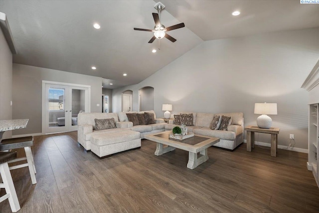234 Ladera St, Prosser, WA 99350 - living room with ceiling fan, arched walkways, recessed lighting, baseboards, and dark wood-style floors