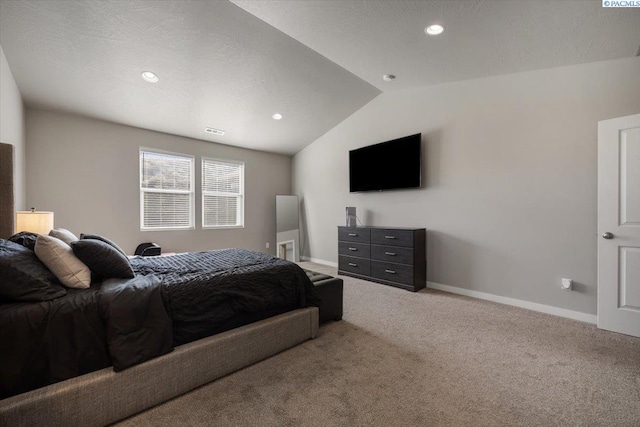 234 Ladera St, Prosser, WA 99350 - bedroom with carpet floors, lofted ceiling, visible vents, a textured ceiling, and baseboards