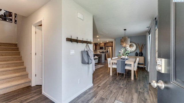 643 S Zeelar St, Kennewick, WA 99336 - dining area with dark wood-style flooring, stairs, a chandelier, and recessed lighting