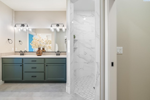7080 W 34th Pl, Kennewick, WA 99338 - bathroom featuring double vanity, a marble finish shower, and a chandelier