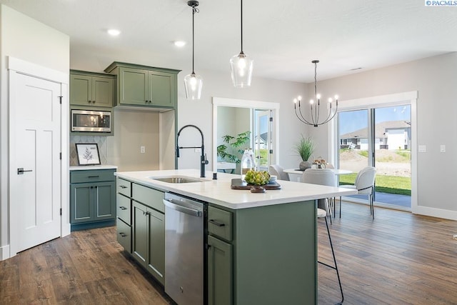 7080 W 34th Pl, Kennewick, WA 99338 - kitchen with appliances with stainless steel finishes, green cabinets, a sink, light countertops, and a chandelier