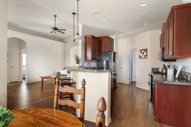 kitchen with appliances with stainless steel finishes, decorative light fixtures, dark hardwood / wood-style flooring, ceiling fan, and plenty of natural light