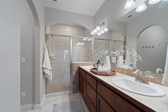 9411 Vincenzo Dr, Pasco, WA 99301 - full bathroom featuring double vanity, a stall shower, and tile patterned flooring
