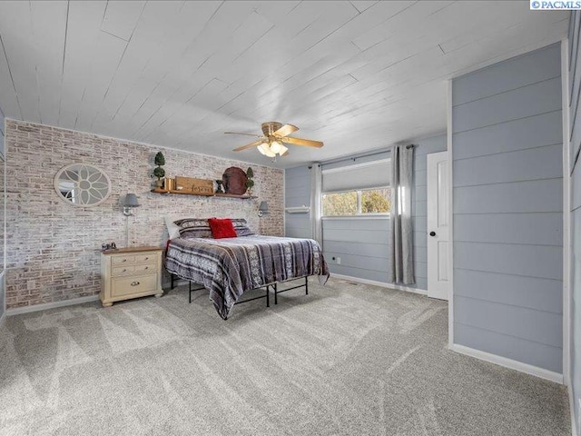 1842 Mahan Ave, Richland, WA 99354 - carpeted bedroom with brick wall, baseboards, wooden ceiling, and a ceiling fan