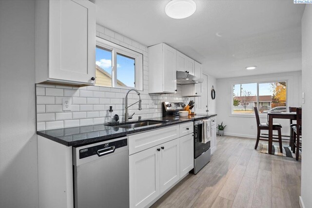 807 Snow, Richland, WA 99352 - kitchen featuring appliances with stainless steel finishes, under cabinet range hood, tasteful backsplash, light wood finished floors, and white cabinets