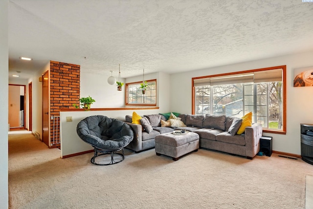 1584 Cimarron Ave, Richland, WA 99352 - living area with carpet floors, baseboards, visible vents, and a textured ceiling