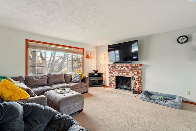 1584 Cimarron Ave, Richland, WA 99352 - carpeted living area featuring a textured ceiling, baseboards, and a brick fireplace