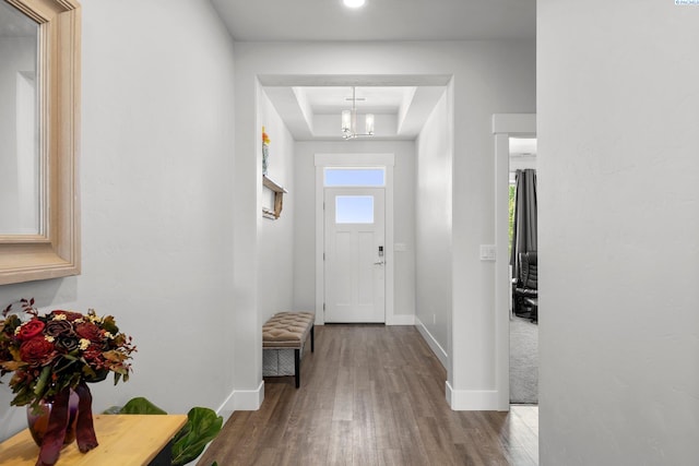 entryway with baseboards, a raised ceiling, and wood finished floors
