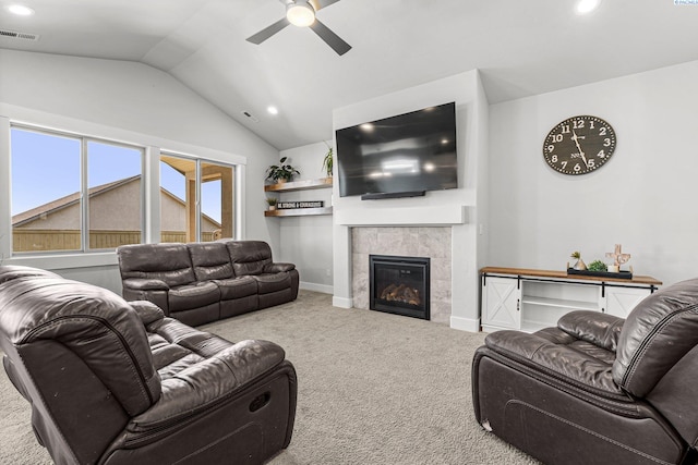 living room with carpet, visible vents, ceiling fan, lofted ceiling, and recessed lighting