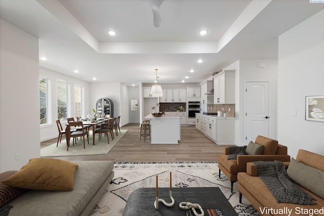 living room with sink, a tray ceiling, and light hardwood / wood-style floors