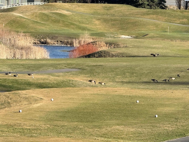 view of community with a lawn and a water view