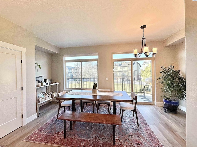 dining room featuring a healthy amount of sunlight, an inviting chandelier, baseboards, and wood finished floors