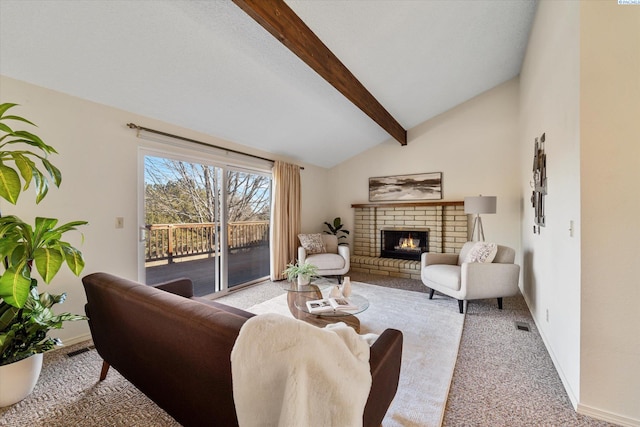 living room with lofted ceiling with beams, light colored carpet, a fireplace, visible vents, and baseboards