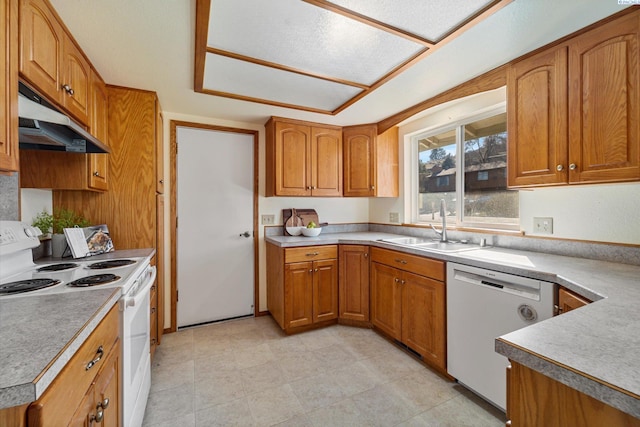 kitchen featuring under cabinet range hood, light countertops, dishwasher, brown cabinetry, and white electric range oven