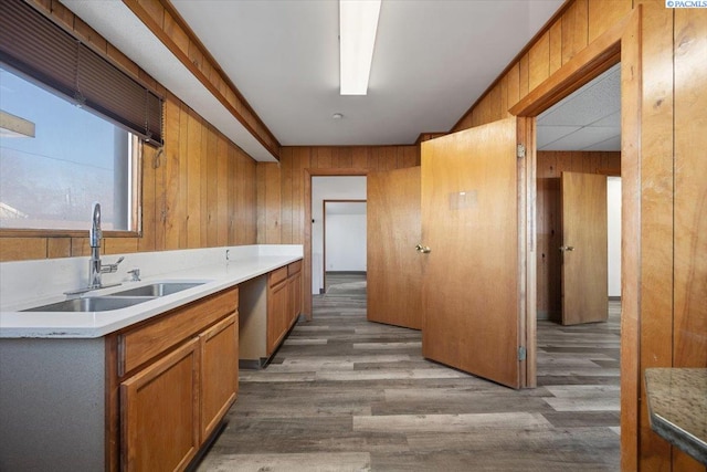 kitchen with wood finished floors, wood walls, a sink, and brown cabinets