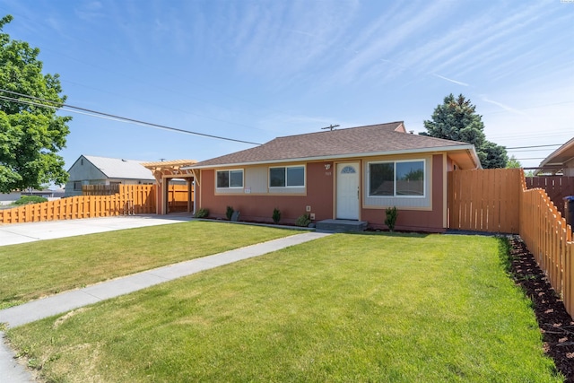 single story home featuring a pergola and a front lawn