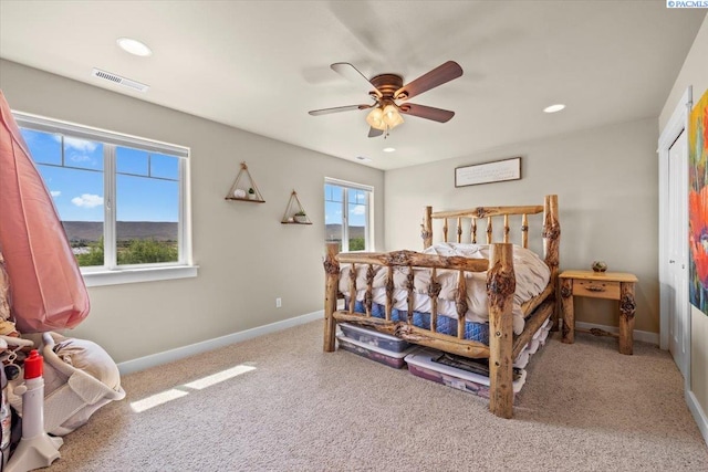 168715 W Johnson Rd, Prosser, WA 99350 - bedroom featuring carpet floors, baseboards, recessed lighting, and ceiling fan