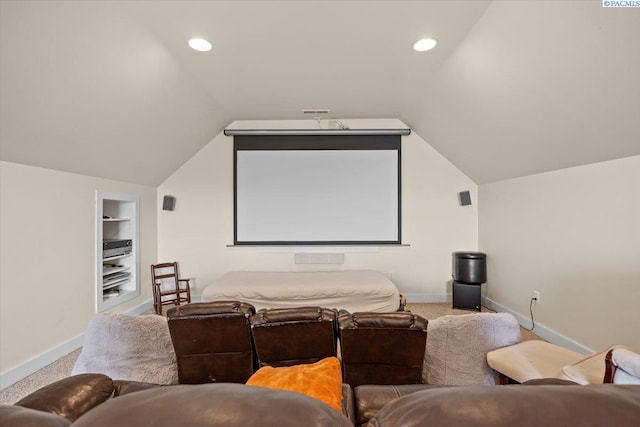 168715 W Johnson Rd, Prosser, WA 99350 - cinema room featuring built in features, baseboards, vaulted ceiling, carpet floors, and recessed lighting
