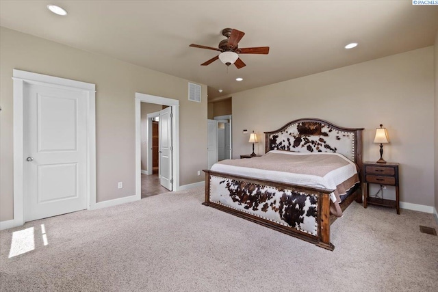 168715 W Johnson Rd, Prosser, WA 99350 - bedroom featuring carpet, baseboards, recessed lighting, a ceiling fan, and connected bathroom