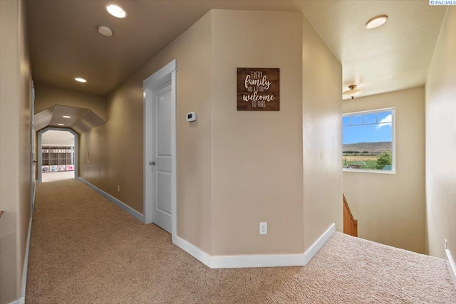 168715 W Johnson Rd, Prosser, WA 99350 - corridor with carpet floors, an upstairs landing, recessed lighting, and baseboards