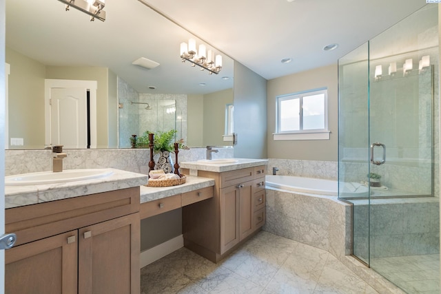 bathroom with vanity and plus walk in shower