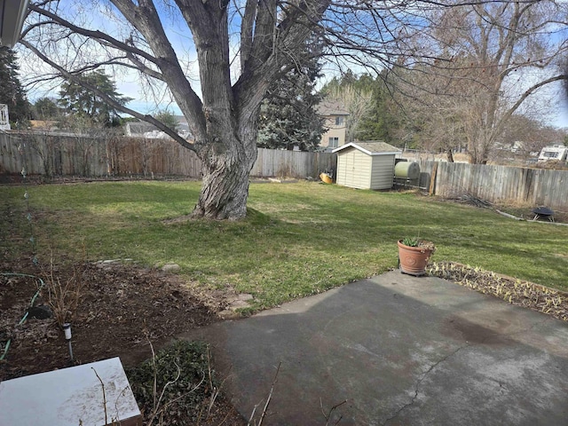 view of yard with an outbuilding, a storage shed, a patio area, and a fenced backyard