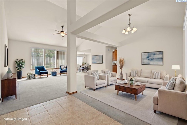 106 Muirfield Ln, Pasco, WA 99301 - living area featuring light colored carpet, a chandelier, a ceiling fan, light tile patterned floors, and high vaulted ceiling