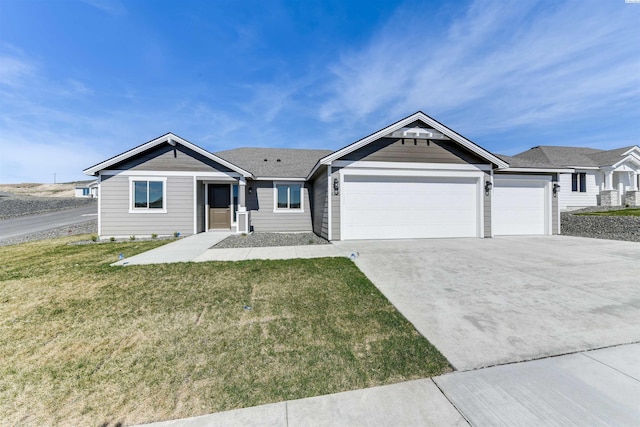 single story home with a garage and a front yard