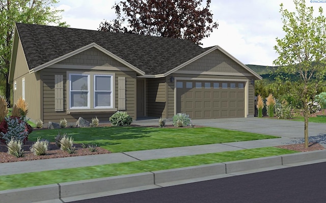 view of front of house with a shingled roof, a front lawn, driveway, and an attached garage